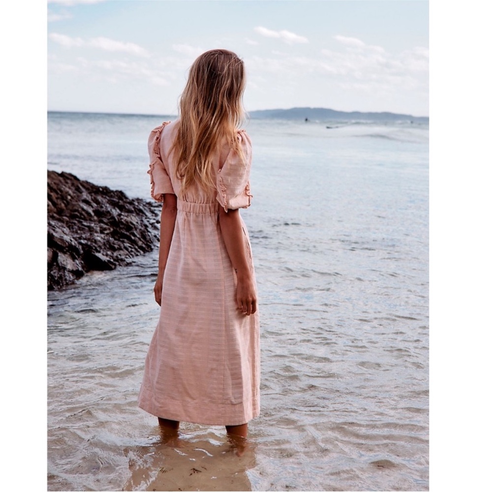 Free People Slow Pace Romantic Ruffles Femme Puff Sleeve Midi Dress Size Large - Picture 2 of 9